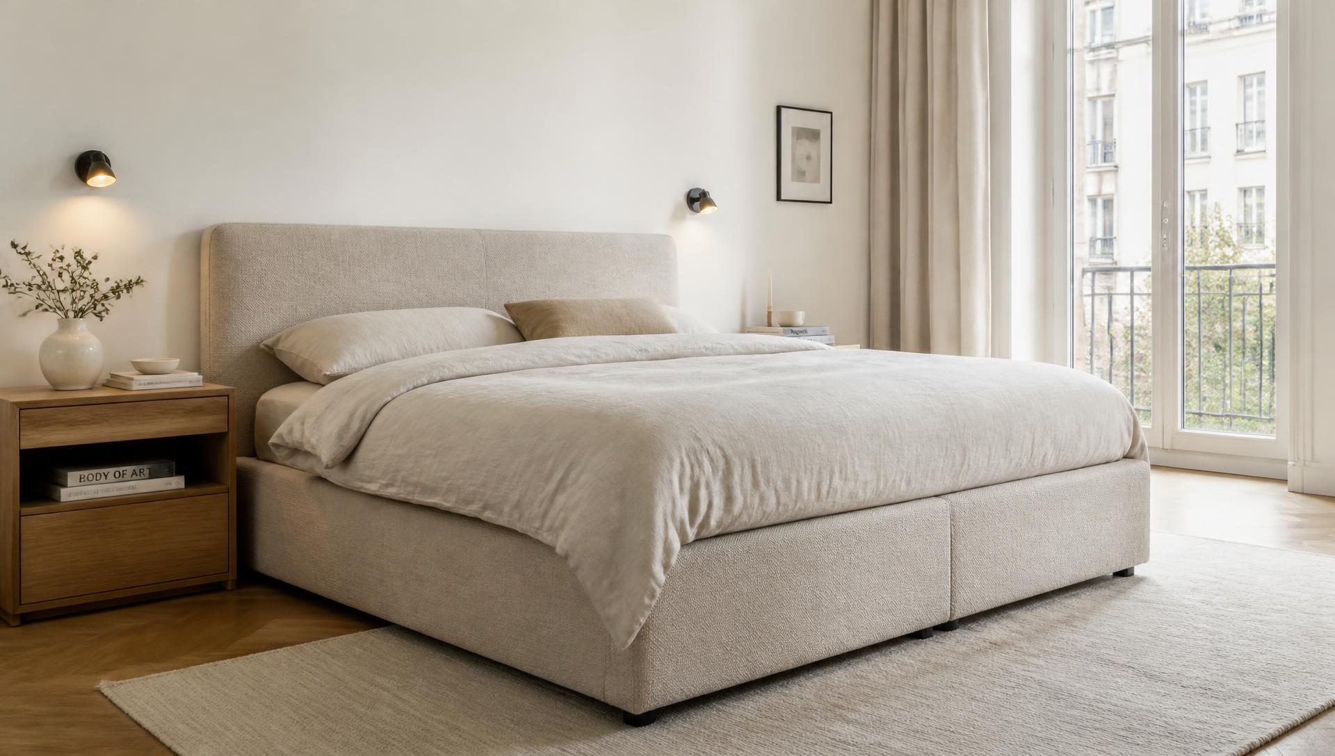 Chambre moderne avec lit coffre tapissé beige